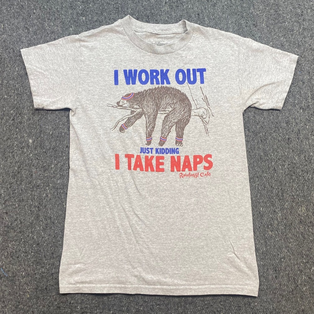 Rainforest Cafe Sloth I Work Out Naps TShirt Sz S Mens Gray Skater Graphic Tee